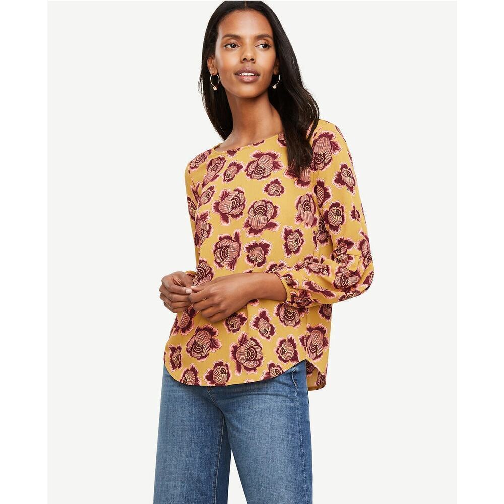 Ann Taylor Golden Chartreuse Blossom Lantern Sleeve Blouse Small Petite